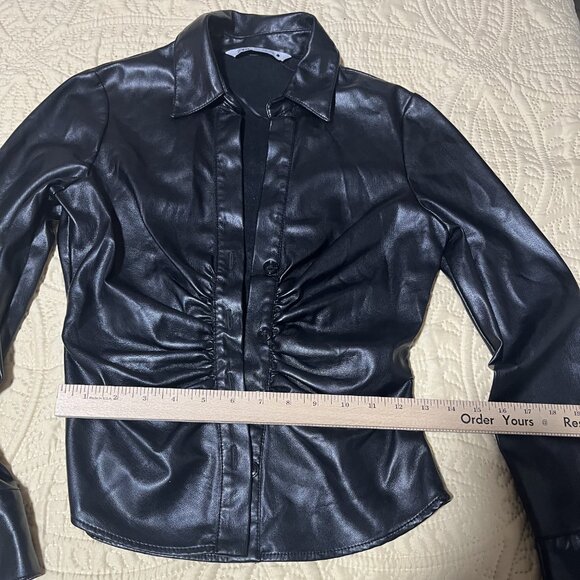 Zara Ruched Front Faux Leather Black Blouse Top Size XS Button Front - Picture 7 of 9